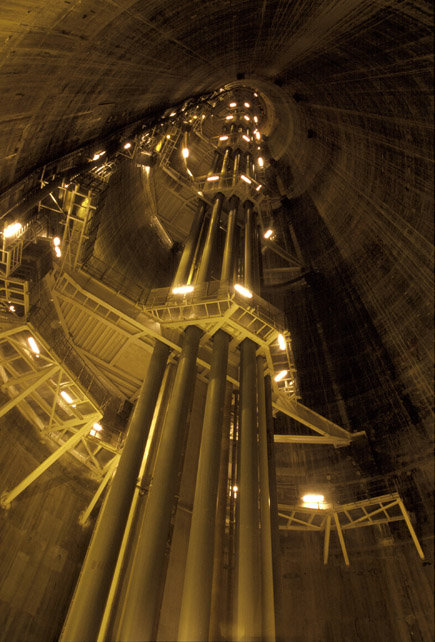 Inside an oil derrick leg